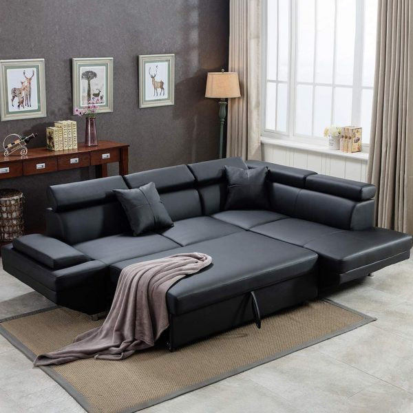 Ghế sofa da có tựa đầu và chân ghế có thể điều chỉnh, nhanh chóng trở thành một chiếc giường ngủ thoải mái mỗi khi có khách.