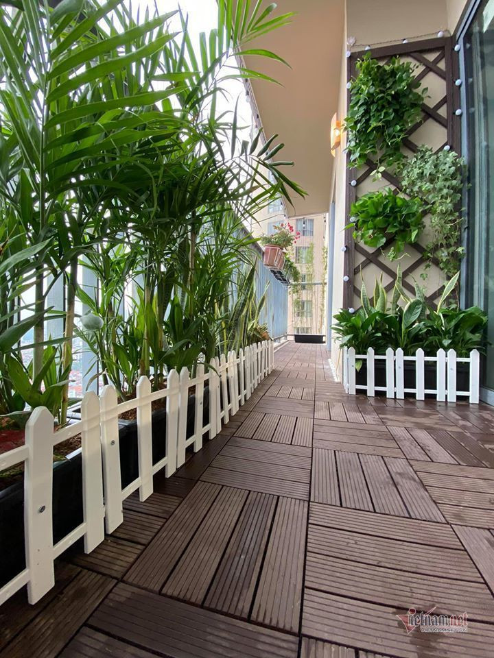 Ban công căn nhà được trồng rất nhiều hoa và cây xanh.
