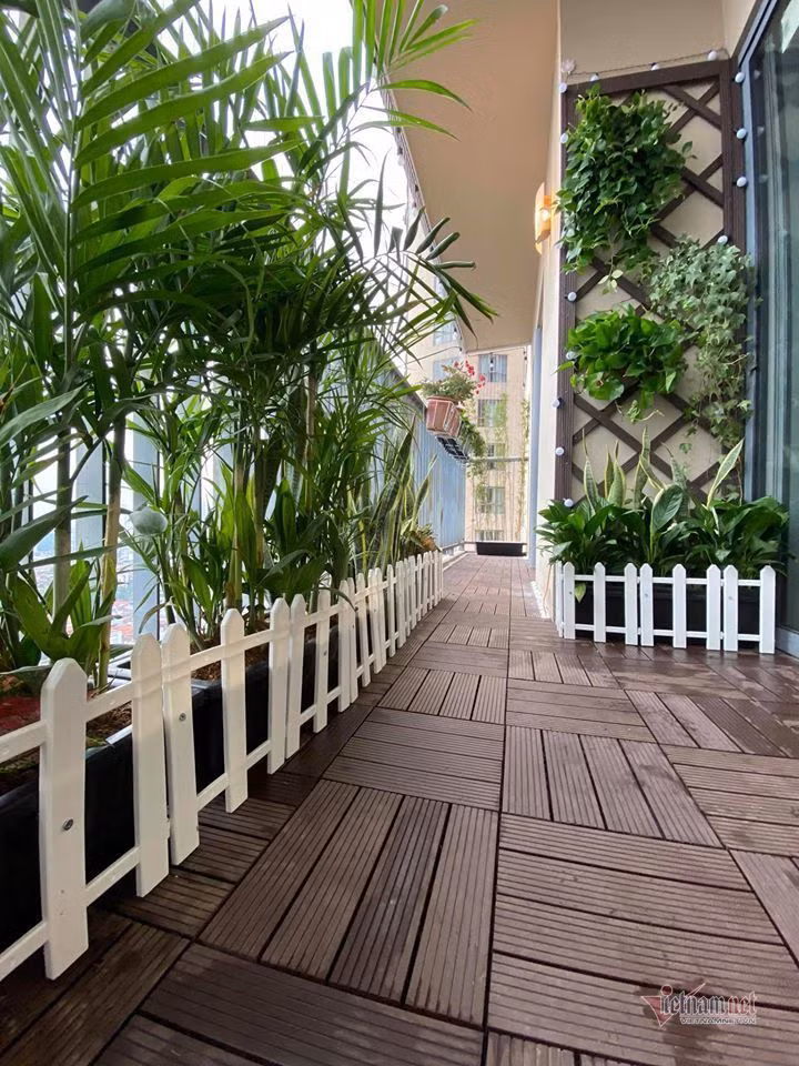 Ban công căn nhà được trồng rất nhiều hoa và cây xanh.