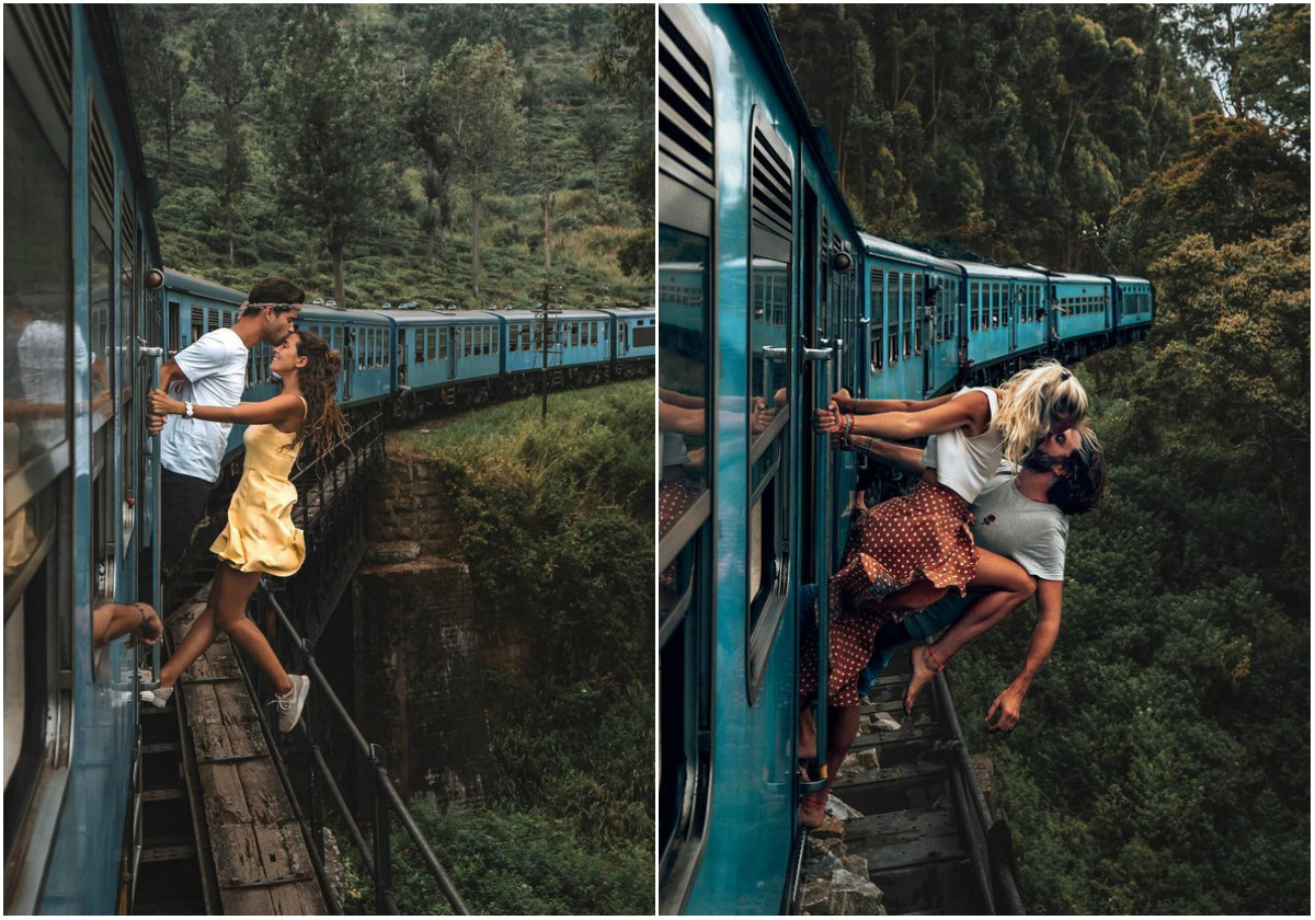 Xuất hiện trong bức ảnh với tư thế ngửa người ra phía ngoài đoàn tàu đang chạy cực kỳ nguy hiểm, nhiều cặp travel blogger bị cư dân mạng lên án dữ dội.