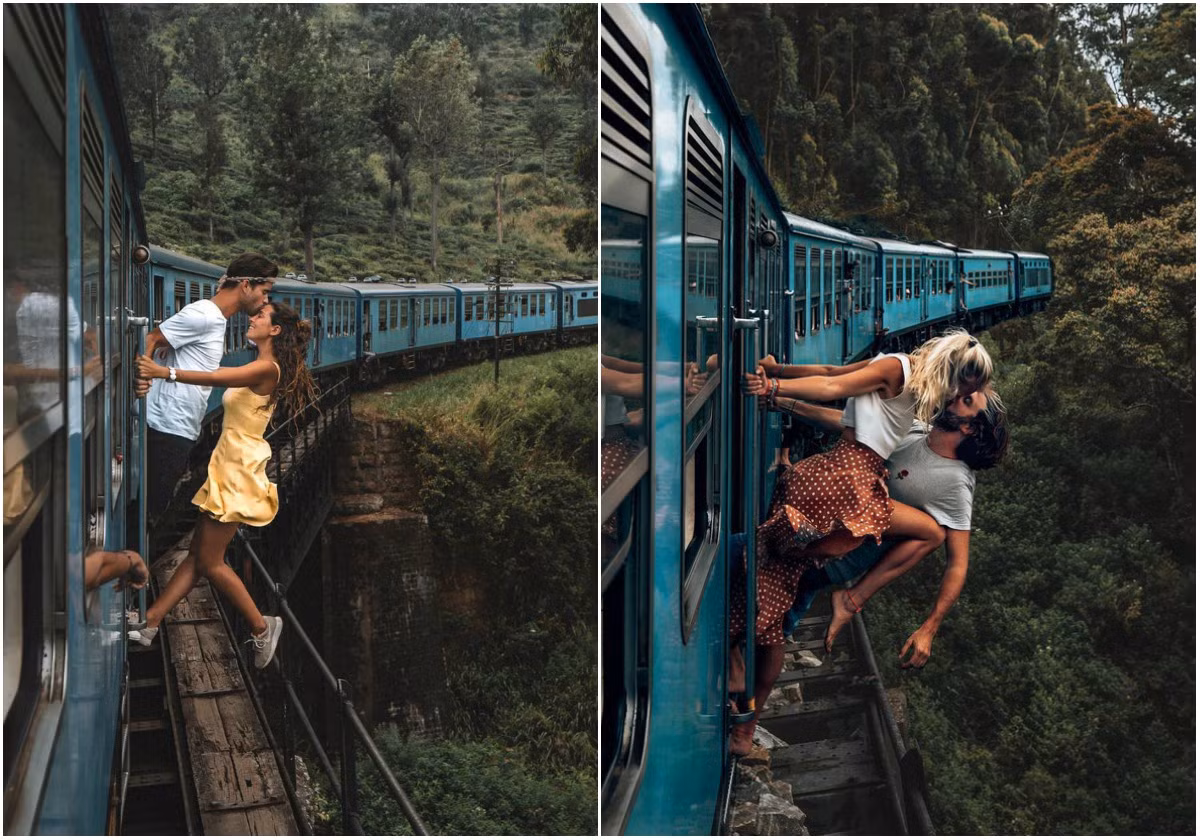 Xuất hiện trong bức ảnh với tư thế ngửa người ra phía ngoài đoàn tàu đang chạy cực kỳ nguy hiểm, nhiều cặp travel blogger bị cư dân mạng lên án dữ dội.