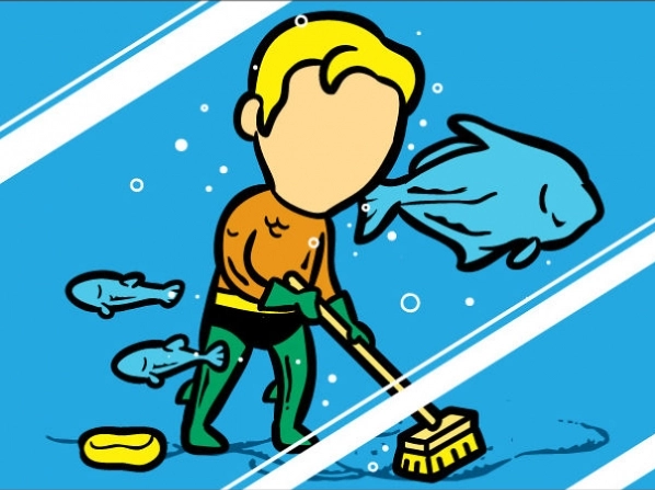 Siêu anh hùng Aquaman rất hợp với nghề dọn dẹp bể cá nhờ khả năng thở được dưới nước.