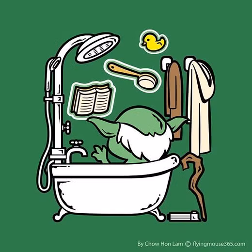 Sư phụ Yoda còn đem cả sách vở vào phòng tắm để ngâm cứu những phương thức võ học để chiến đấu với quái vật.