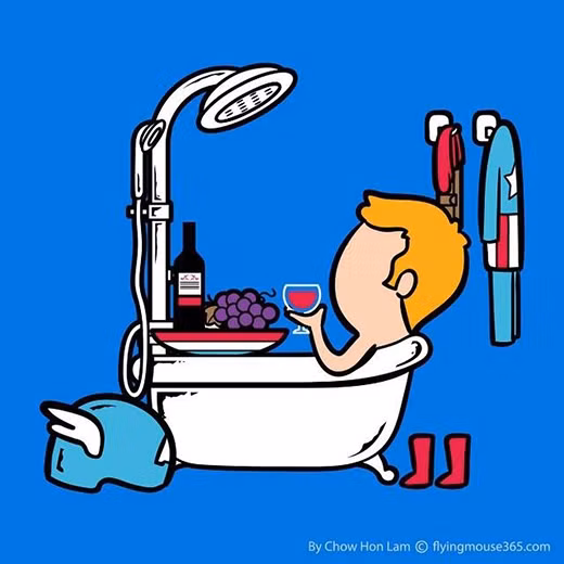 Còn với siêu anh hùng điển trai Captian American, đến cả khi đi tắm anh cũng thật sang chảnh với rượu vang và nho tươi.