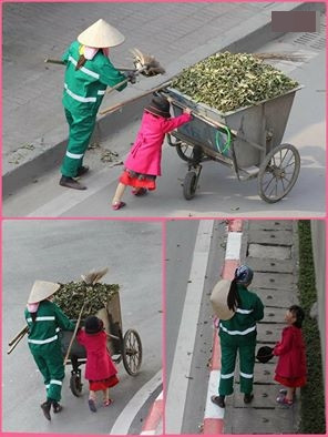 Ngoài những hình ảnh vui nhộn, thì Tết Bính Thân 2016 cũng chính kiến những hình ảnh vô cùng xúc động từ bộ ảnh một bé gái chừng 10 tuổi phải theo mẹ đi làm quét rác. Chứng kiến bức ảnh trên nhiều cư dân mạng đã không khỏi xúc động và bồi hồi chia sẻ những suy tư của mình.