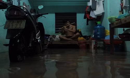 Một nam sinh viên ngồi trên giường thổi sáo trong lúc nước lụt "tấn công" vào phòng trọ.