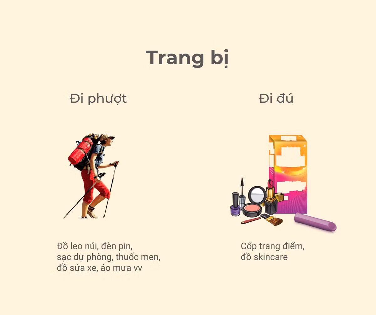 Trong hành trang của các dân phượt chỉ có những thứ đồ bảo đảm an toàn trong suốt hành trình như đèn pin, sạc dự phòng, thuốc men v.v.. Nhưng với không ít người, họ lên xe với một túi đầy ự đồ trang điểm và làm đẹp cho bản thân.