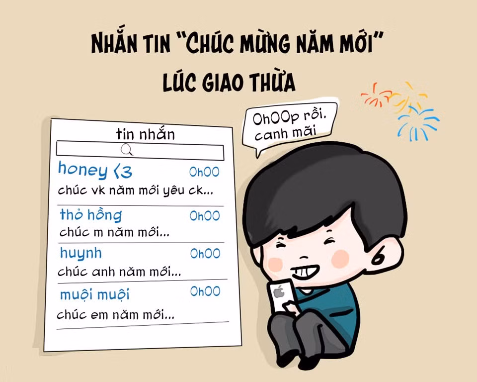 Một trong những niềm vui của teen là canh đúng 0h đêm giao thừa để gửi tin nhắn chúc mừng đến gia đình, bè bạn, đồng nghiệp. Nhiều bạn còn sao chép những dòng lời chúc hay nhận được và ấn nút "chuyển tiếp".