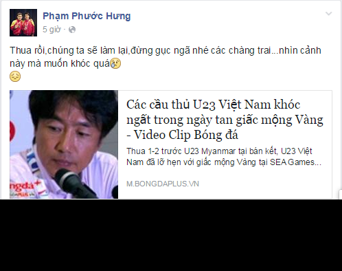 Các VĐV đang làm nhiệm vụ tại SEA Games ở những bộ môn khác cũng bày tỏ sự tiếc nuối với các cầu thủ U23 Việt Nam và động viên họ đứng dậy sau thất bại.