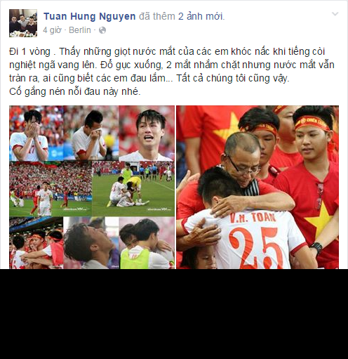 Mặc dù đang lưu diễn tại Đức nhưng khi chứng kiến thất bại của U23 Việt Nam, ca sĩ Tuấn Hưng cũng có những dòng chia sẻ động viên các cầu thủ.