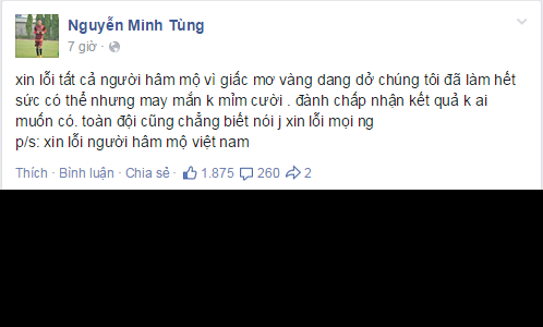 Hậu vệ phải Minh Tùng gửi lời xin lỗi tới tất cả NHM đã theo sát đội ở Singapore cũng như những NHM ở quê nhà.