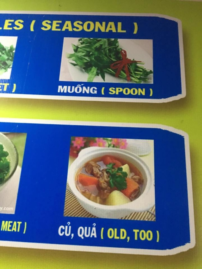 Rau muống bị ghi thành spoon (cái muỗng)