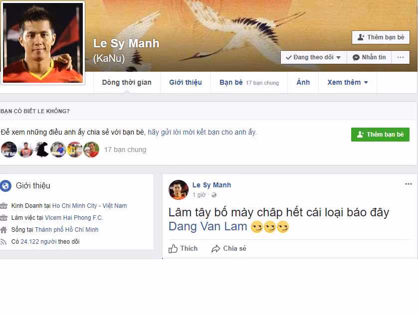 Còn với nạn nhân là Đặng Văn Lâm, thủ môn Việt kiều này đã rời Hải Phòng và lên ở nhờ nhà người họ hàng tại phố Huế - Hà Nội. Lúc này anh chưa thể đưa ra bất cứ bình luận nào và hẹn sẽ trả lời truyền thông vào ngày gần nhất. Ảnh: Facebook.