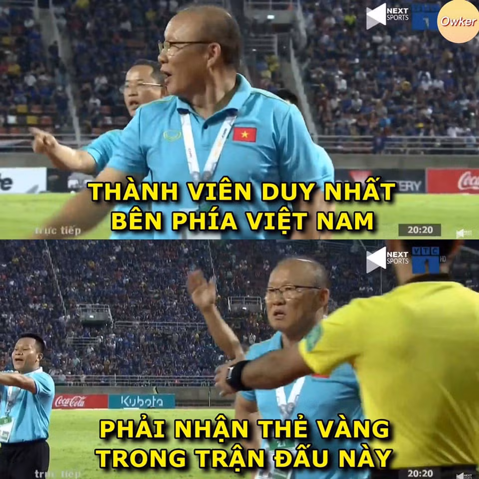  Ảnh chế bóng đá tuần qua xoay quanh trận đấu giữa đội tuyển Việt Nam và Thái Lan tại vòng loại World Cup 2022. Khi trong sân, các cầu thủ không ai nhận thẻ vàng thì chiếc thẻ duy nhất được vị trọng tài Qatar rút ra lại dành cho người ngoài sân là HLV Park Hang-seo.