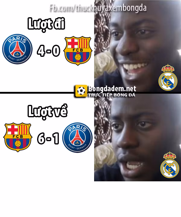 Fan Real Madrid tại vòng 1/16 cúp C1 châu Âu khi chứng kiến Barca thi đấu. Ảnh: Troll bóng đá/Thức khuya xem bóng đá.