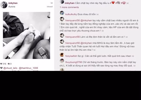 Cái nắm tay trên cũng được chính siêu mẫu mới nổi của làng giải trí Việt là Kỳ Hân đăng tải trên trang cá nhân của mình với những dòng trạng thái hết sức mùi mẫn khiến nhiều người càng chắc như đinh đóng cột rằng giữa cô và chàng tiền đạo Việt kiều của ĐT Việt Nam có tình cảm hơn mức bạn bè mà hai người đã từng khẳng định.