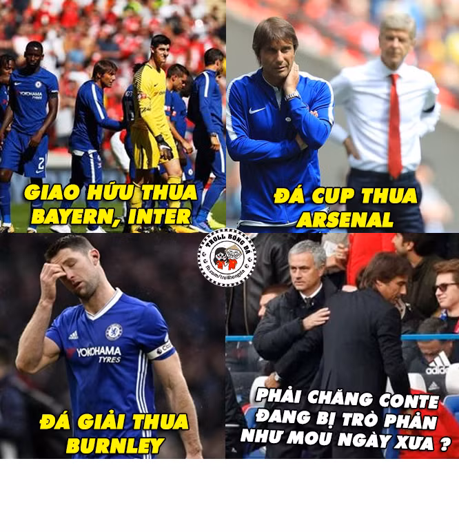 Bức ảnh chế bóng đá khiến nhiều fan Chelsea lo ngại liệu có phải Conte đang bị chơi đểu như Mourinho trước đây. Ảnh: Troll Bóng Đá.