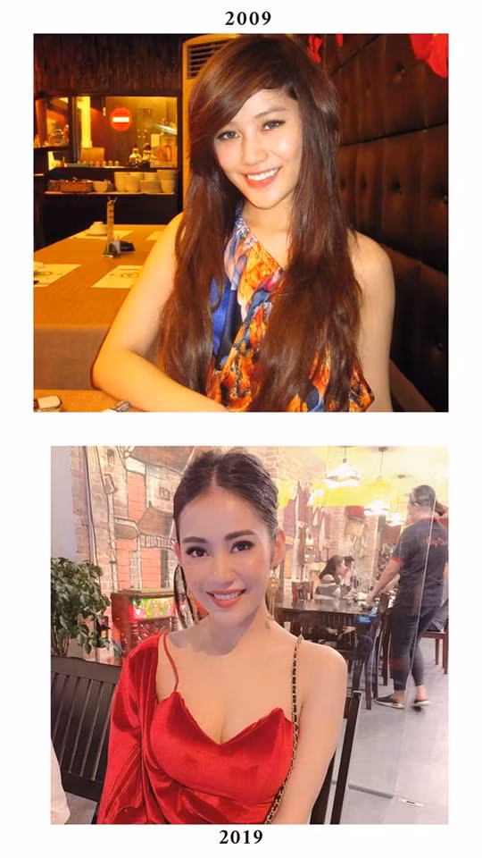 Hot girl Milan Phạm 10 năm trước với mái đầu sư tử thịnh hành và giờ thay vào đó là kiểu tóc búi cao khá cá tính nhưng không kém phần quyến rũ.