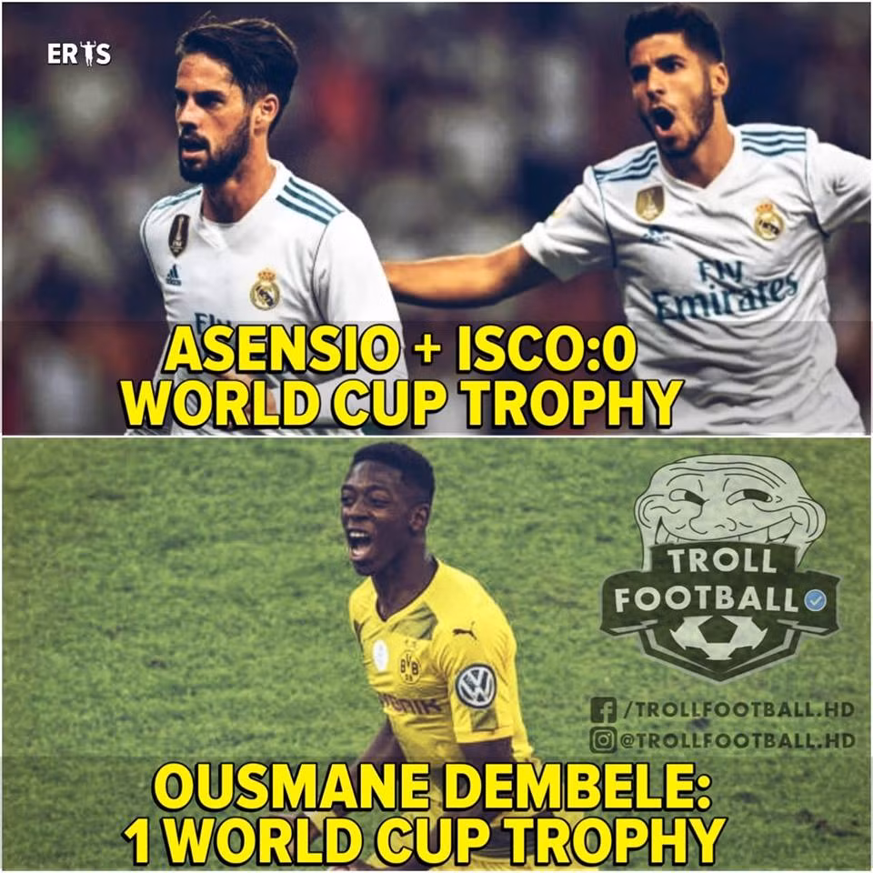 Asensio và Isco là hai trọng thần của Real Madrid nhưng không có cúp vàng World Cup, còn Ousmane Dembele chỉ thi đấu đúng 1 trận và trở thành nhà vô địch giải đấu hấp dẫn nhất hành tinh.