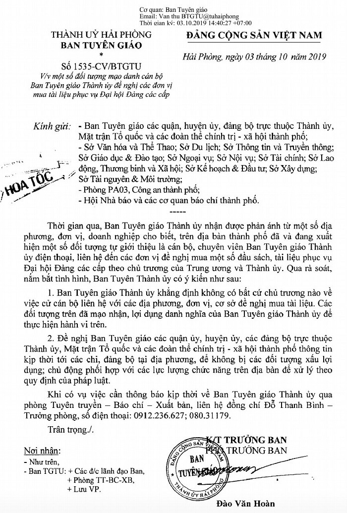 Mao danh can bo Ban Tuyen giao Thanh uy Hai Phong lua dao ban tai lieu