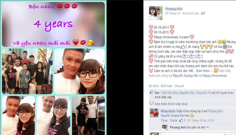 Ngày 20/10 vừa qua là ngày cặp đôi Quang Hải và Phương Anh kỷ niệm 4 năm ngày hẹn hò. Trên trang cá nhân của mình, Phương Anh đã rất vui mừng khi chia sẻ thông tin này. Ảnh: FBNV.