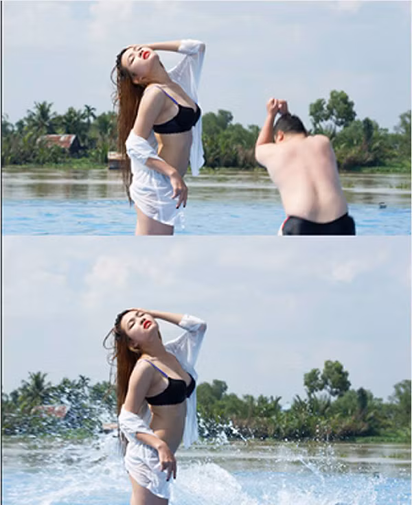 Nhờ thằng bạn nhảy ùm xuống bể bơi làm hiệu ứng nước bắn tung lên trời còn em đây chỉ việc tạo dáng.