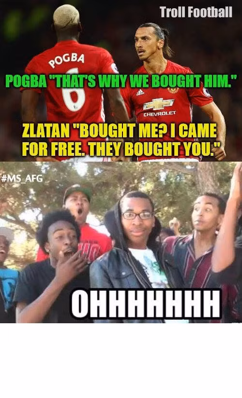 Sau trận đấu, khi Paul Pogba đã có những lời ca ngợi Ibrahimovic và ngay lập tức đã bị "người đàn anh" này đá xoáy lại cực đau đớn. "Tôi đến đây miễn phí còn cậu mới là người CLB phải chi tiền để mua". Bức ảnh chế câu nói này được rất nhiều dân mạng chia sẻ trong ngày hôm qua.