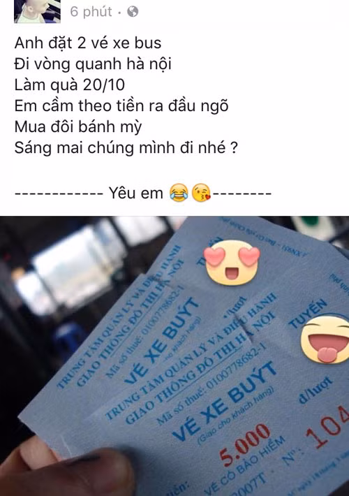 2 vé xe buýt dành cho chuyến du lịch của cặp tình nhân nhân ngày 20/10. Đủ sức ấm nóng vừa giải quyết được vấn đề bên nhau và được đi du lịch quanh thành phố.