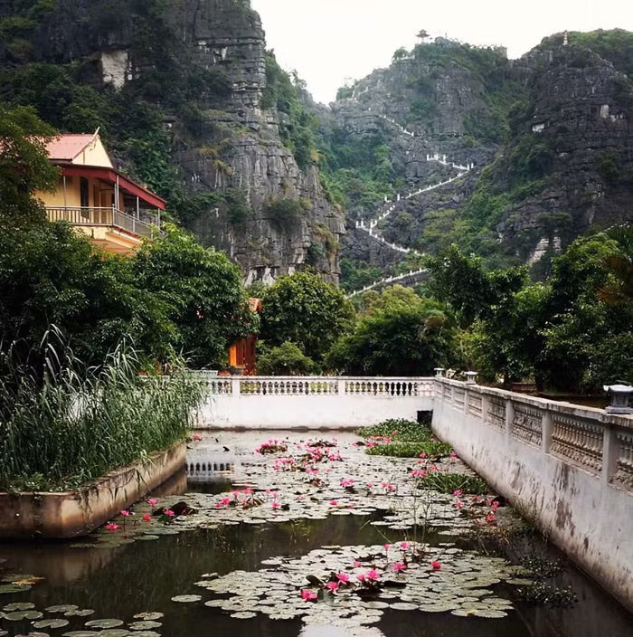 Dưới chân đường lên núi Múa, một hồ nhân tạo được xây bọc quanh một ốc đảo nhỏ cây cối xum xuê. Hồ có màu xanh đặc trưng của màu rêu cổ kính, những cây si lớn tuổi vững chãi càng tăng thêm phần thu hút khi nhìn qua hướng cầu đá bắc ngang hồ – một cảnh tượng đẹp ngỡ chỉ có trong những thước phim cổ trang.