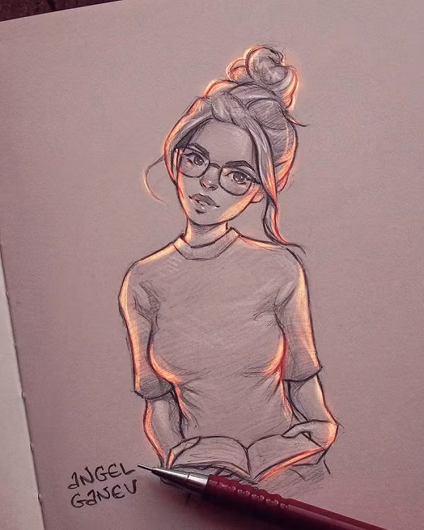 Cách dùng chì màu của Angel còn tạo thành hiệu quả như thể có ánh mặt trời buổi chiều đang hắt vào chủ thể trong tranh, khiến bức tranh có cảm giác chiều sâu và có hồn hơn rất nhiều.