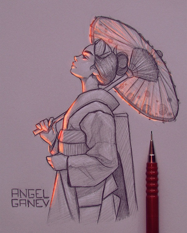 Những bức tranh phát sáng của mình, Angel dùng chì màu để tạo tương phản sáng tối trong tranh và khả năng đặc biệt này của anh đã chinh phục nhiều người cả trong và ngoài giới nghệ thuật.