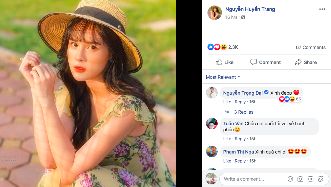 Cụ thể là khi bạn gái đăng tải một tấm ảnh thì Trọng Đại đã để lại bình luận ngắn gọn là "xinh đẹp" kèm icon trái tim.