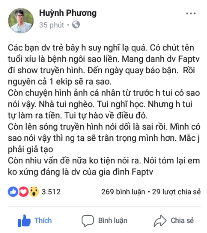 Nhiều thành viên của FapTV cũng đăng đàn status ám chỉ một cách khéo léo cho rằng An Vy đang dỡ trò sao số sau khi được xuất hiện chung với sao hạng A là Sơn Tùng M-Tp trong MV.