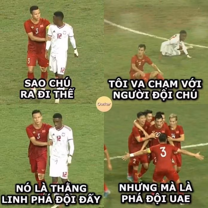 Sau khi phạm lỗi với Tiến Linh, cầu thủ số 12 của UAE nhận thẻ đỏ trực tiếp và Hải Quế đã lại an ủi và đây cũng là nguồn cơn để CĐM cho ra bức ảnh chế sau trận thắng của đội tuyển Việt Nam.