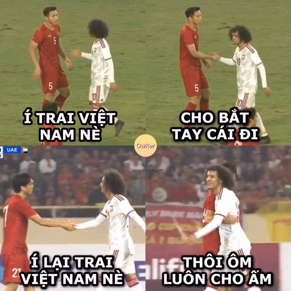 Chỉ vì là trai Việt Nam thân thiện, mến khách nên các cầu thủ UAE liên tục muốn ôm.