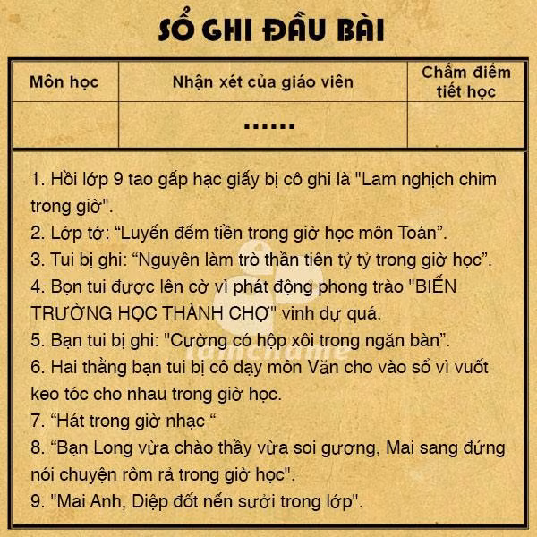 Tuy nhiên, với những lý do học sinh bị ghi sổ đầu bài được dân mạng tổng hợp lại mang đến cho nhiều người những tiếng cười và chút hoài niệm về thời còn cắp sách đến trường.
