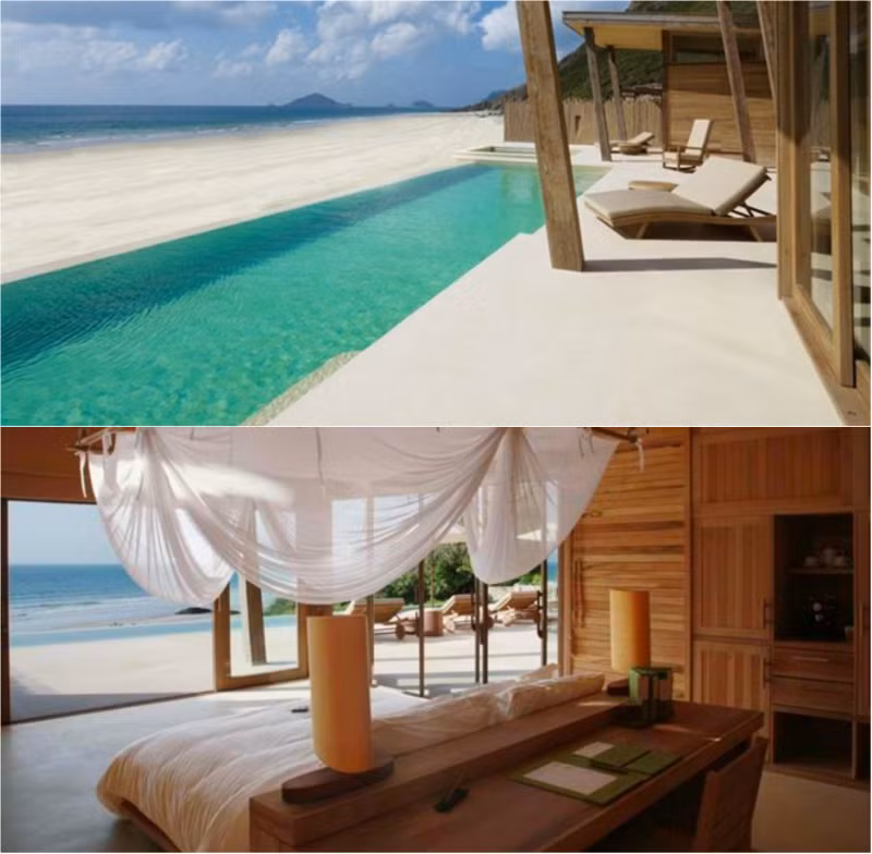 Six Senses Côn Đảo (Bà Rịa - Vũng Tàu): Resort sang trọng này từng được cặp đôi quyền lực nhất làng giải trí thế giới, Brad Pitt và Angelina Jolie, chọn làm nơi nghỉ chân ở Việt Nam. Đây là khu nghỉ dưỡng 5 sao đầu tiên ở Côn Đảo với 50 biệt thự gỗ nằm dọc sát bờ biển dài 1,6 km, với các tiện ích như bể bơi, spa, trò chơi dưới nước. Resort đã đoạt giải Công trình xây dựng và thiết kế xuất sắc nhất thế giới dành cho loại khách sạn dạng nhỏ tại giải thưởng International Commercial Property Awards 2010.