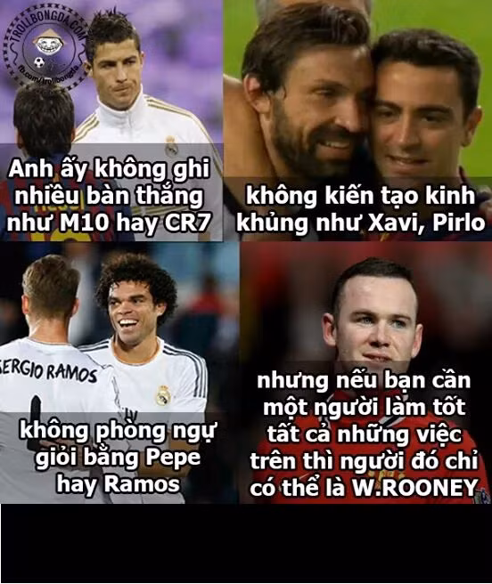 Rooney khiến các cầu thủ khác phải ngưỡng mộ vì anh là người có thể làm mọi việc từ tiền đạo, tiền vệ đến cả trung vệ. Fan Man United đùa nhau rằng: "Ở đâu khó có Rooney".