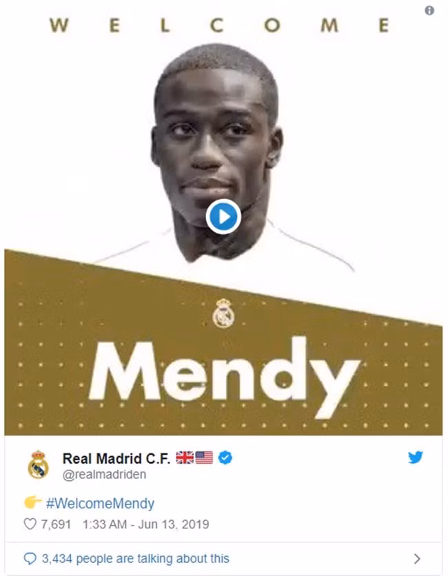 Real Madrid đã thuyết phục thành công Lyon bán Ferland Mendy với giá 48 triệu euro. Hậu vệ người Pháp vừa ký hợp đồng 6 năm với đội bóng Hoàng gia và dự kiến, vào tuần sau, tân binh mới nhất của đội chủ sân Bernabeu sẽ ra mắt các CĐV nhà.