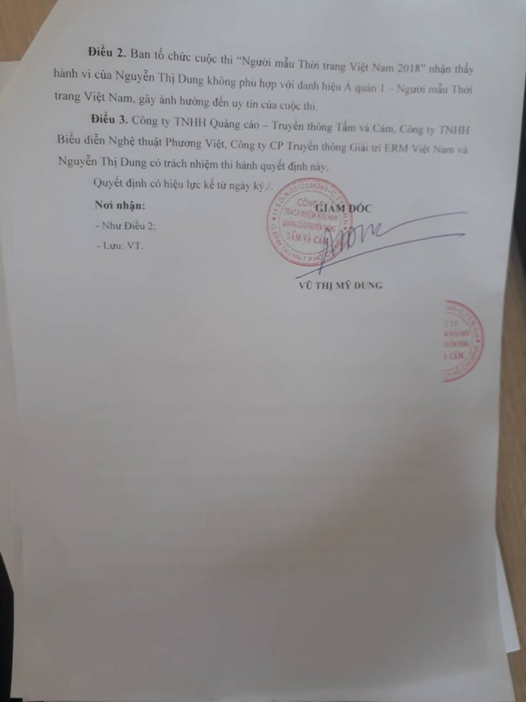 Về phía BTC cuộc thi nhan sắc Người mẫu Thời trang Việt Nam năm 2018 cho biết việc thu hồi danh hiệu Á hậu Thư Dung lý do là cô nàng sinh năm 1995 này đã "thực hiện hành vi không phù hợp: chụp ảnh phản cảm, ảnh hưởng đến thuần phong mỹ tục, truyền thống văn hóa của người Việt Nam tại Tuyệt Tình Cốc, Đà Lạt, Lâm Đồng, vi phạm quy chế cuộc thi".