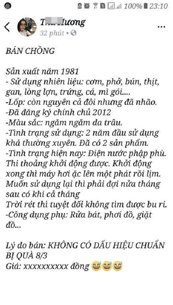 Mới đây trên mạng xã hội, để nhắc nhở cánh mày râu "đừng trốn tặng quà 8/3", các chị em đã có những động thái nhất định và đặc biệt là rao bán chồng với một lý do duy nhất: "Không có dấu hiệu chuẩn bị quà mùng 8/3".