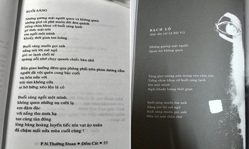 Bài thơ Buổi sáng của Thường Đoan in trong tập Đếm cát (NXB Văn học xuất bản năm 2003) (trái) và bài thơ Bạch lộ của nhà thơ Phan Huyền Thư in trong tập thơ Sẹo độc lập (Nhã Nam & NXB Lao động ấn hành năm 2014) - Ảnh: T.L