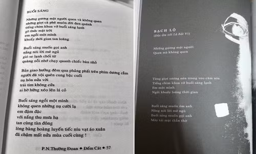 Bài thơ Buổi sáng của Thường Đoan in trong tập Đếm cát (NXB Văn học xuất bản năm 2003) (trái) và bài thơ Bạch lộ của nhà thơ Phan Huyền Thư in trong tập thơ Sẹo độc lập (Nhã Nam & NXB Lao động ấn hành năm 2014) - Ảnh: T.L