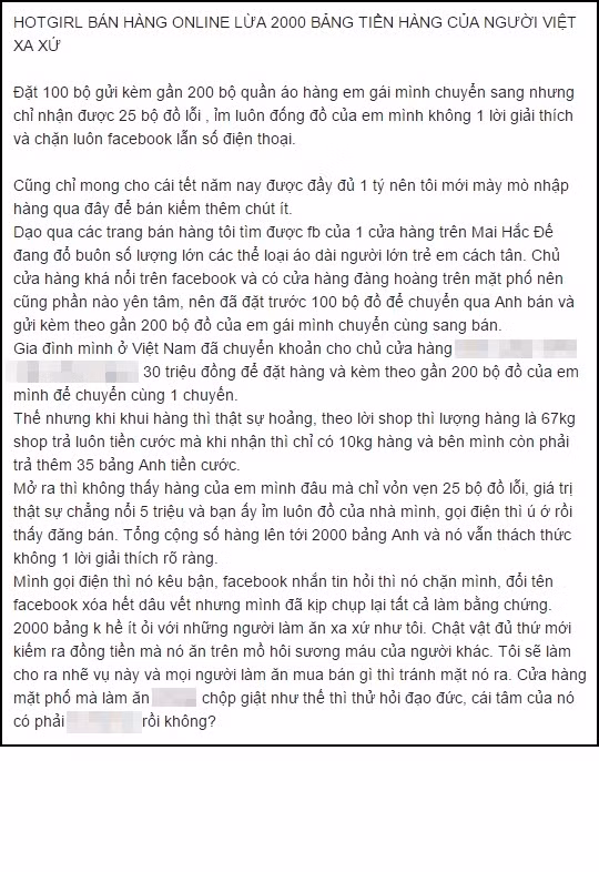 Khi mọi chuyện vỡ lở, anh chàng Việt kiều Anh đã làm đủ mọi cách để liên lạc với cô chủ hàng B.N nhưng thứ anh ta nhận lại được chỉ là những lời hứa suông và sau đó là mất tích toàn tập của cô hàng hot girl bán đồ online trên phố Mai Hắc Đế.