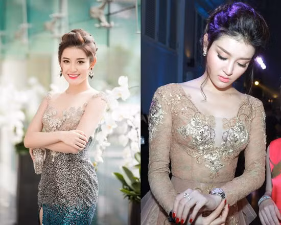 Ngoài đồng hồ, túi xách, Huyền My cũng thường xuyên diện váy áo đắt đỏ. Chẳng hạn như chiếc váy đính đá quý lấp lánh (bên trái) có giá bán 230 triệu đồng. Mẫu váy còn lại cũng là thiết kế tuyệt đẹp của NTK Phạm Đặng Anh Thư, cô diện cùng đồng hồ sang trọng có giá gần 160 triệu đồng.