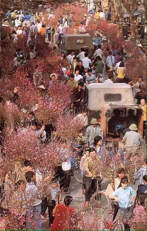 Phố phường Tết ngày xưa thật nhộn nhịp, dòng người ngược xuôi đi sắm đồ từ cành đào cho đến những vật dụng thiết yếu.