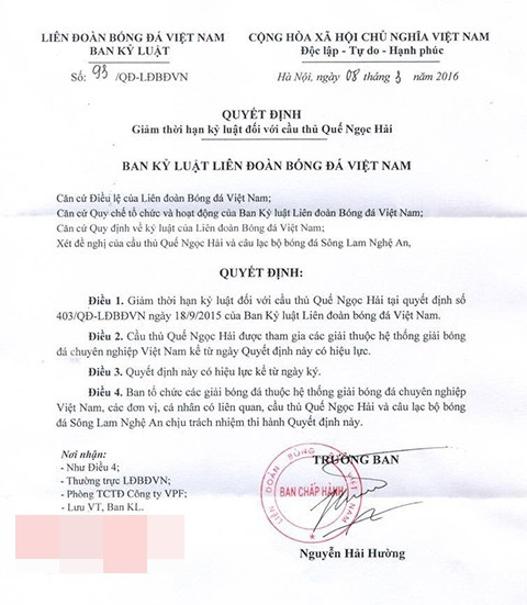 VFF chap thuan giam an cho trung ve Que Ngoc Hai