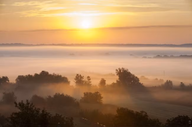 Màn sương bao phủ cảnh vật lúc bình minh ở Zalaszentbalazs, gần thành phố Budapest, Hungary. 