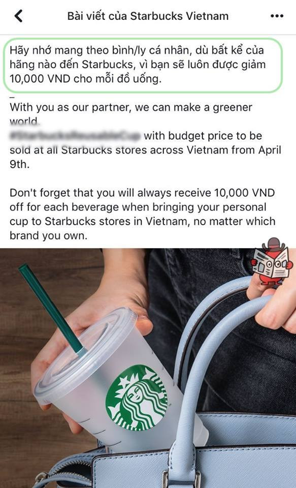 Mới đây, trên trang web chính thức của mình, quán cafe Starbucks đã đưa ra một chính sách cực hot đó là các vị khách sẽ được giảm 10.000 đồng cho mỗi đồ uống khi mang ly/bình đựng nước của bạn đến cửa hàng.