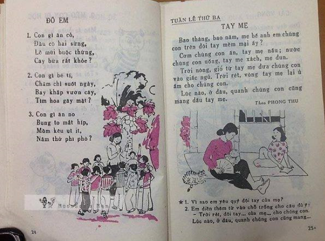 Hình ảnh trong sách luôn gắn liền đời sống nông nghiệp, từ người mẹ ru con bằng võng đến bác đưa thư với chiếc xe đạp và mũ cối đội đầu.